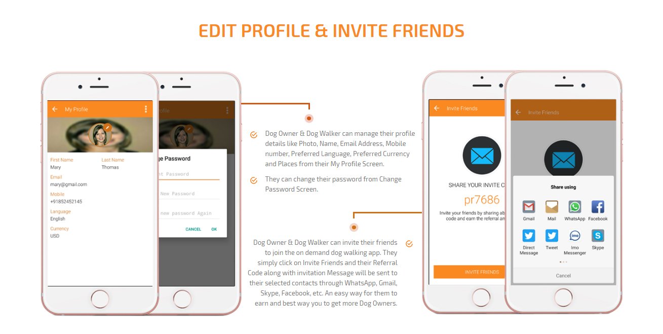 dog owner and dog walker edit profile and invite friends to join app
