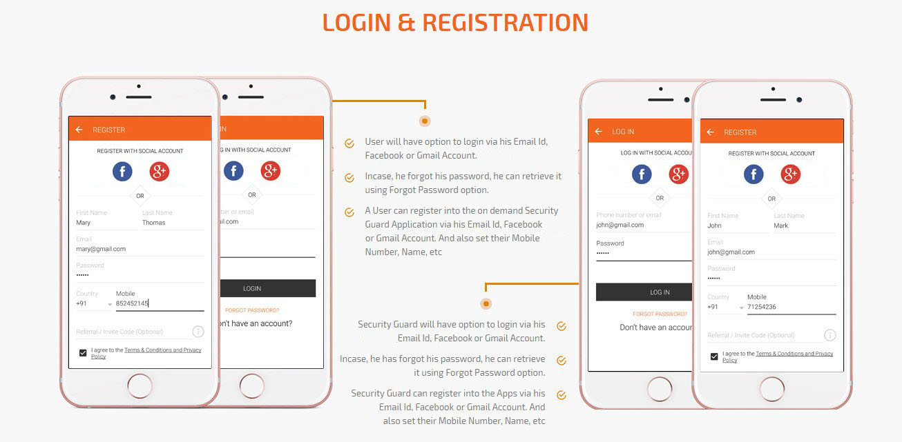 user and security guard login/registration screen